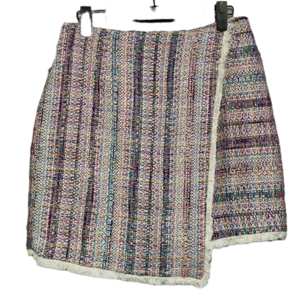 Anthropologie Hutch Pink Multicolor White Tweed Fringed Skirt Womens Size 8